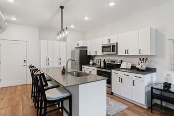 Kitchen with cabinet, sink and fridge